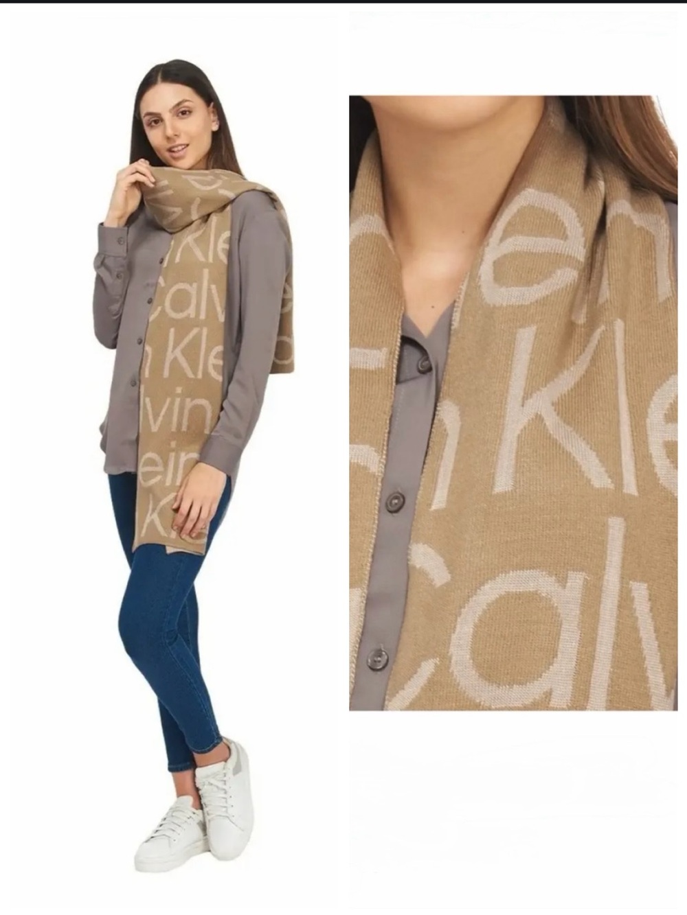 Calvin Klein Beige reversible Logo Knit Scarf